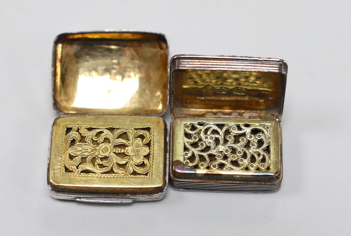 A George IV silver rectangular vinaigrette, John Shaw, Birmingham, 1826 (a.f.) and an earlier silver vinaigrette with acorn decorated cover, Birmingham, 1817.